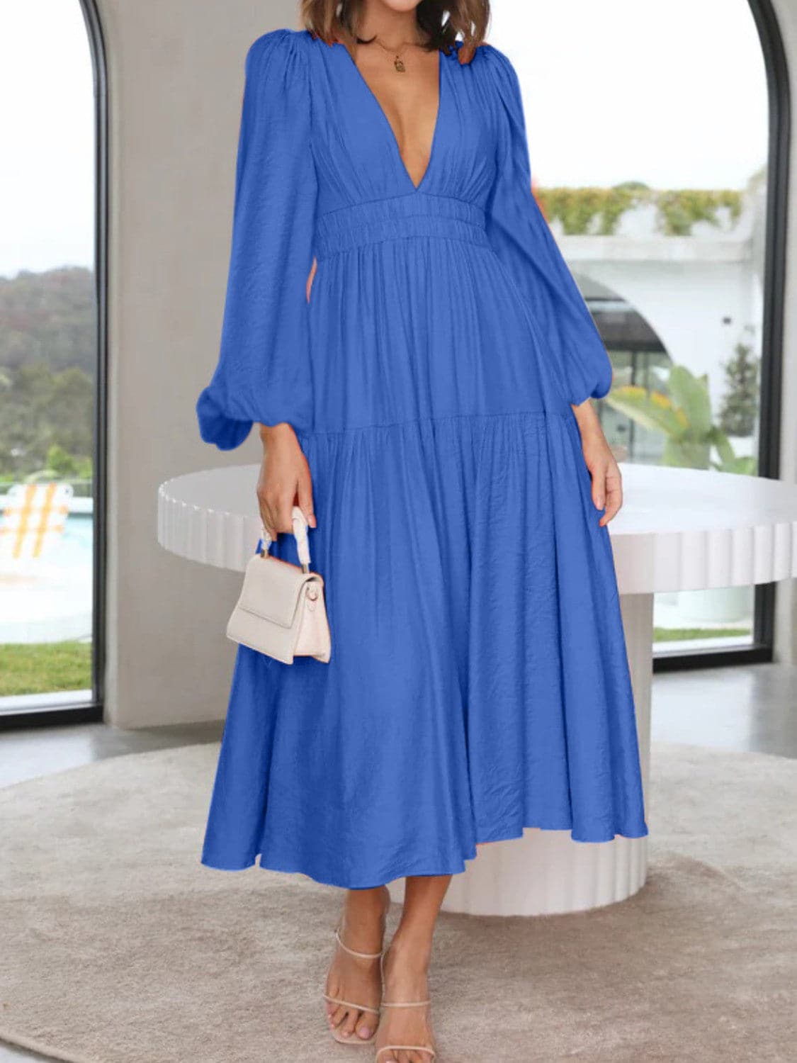 Deep V-Neck Balloon Sleeve Plain Maxi Dress.