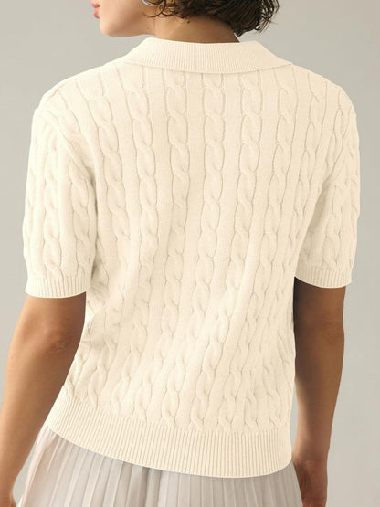 Cable-Knit Collared Neck Half Sleeve Sweater.