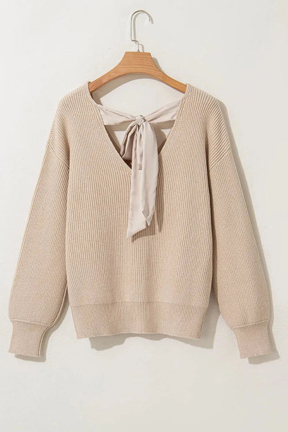 Chic tied v-neck long sleeve knit sweater