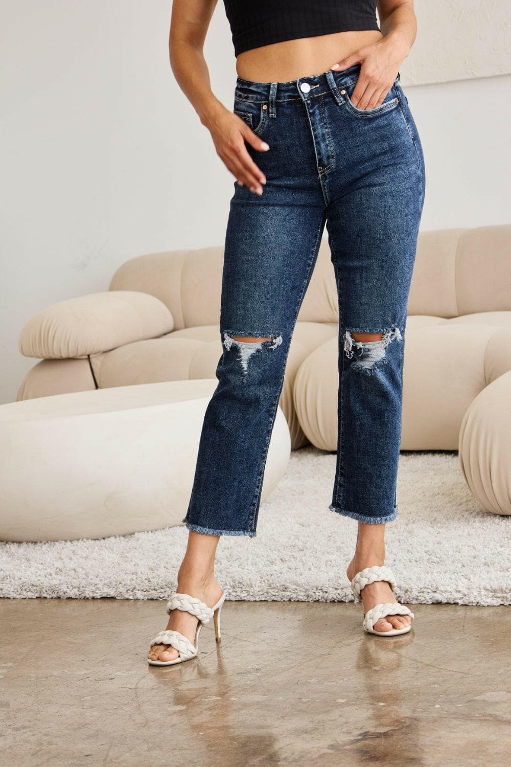 RFM Full Size Tummy Control Distressed High Waist Raw Hem Jeans.