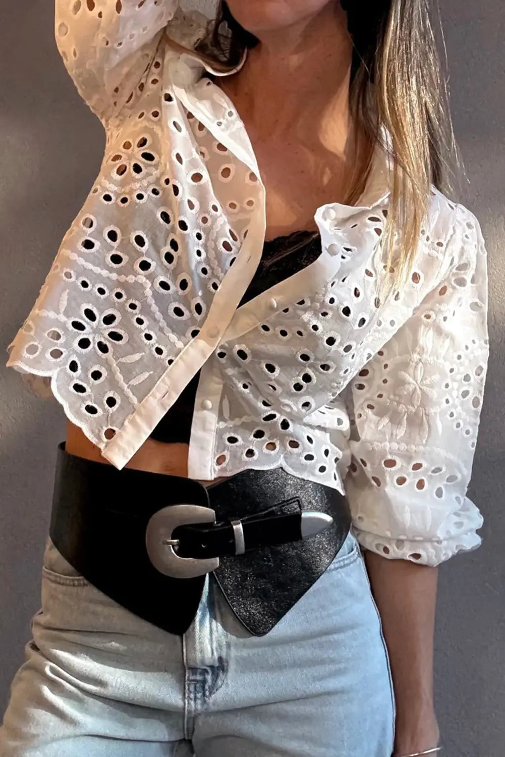 White Eyelet Embroidered Puff Sleeve Cropped Shirt For Women Dear-Lover Dropshipping