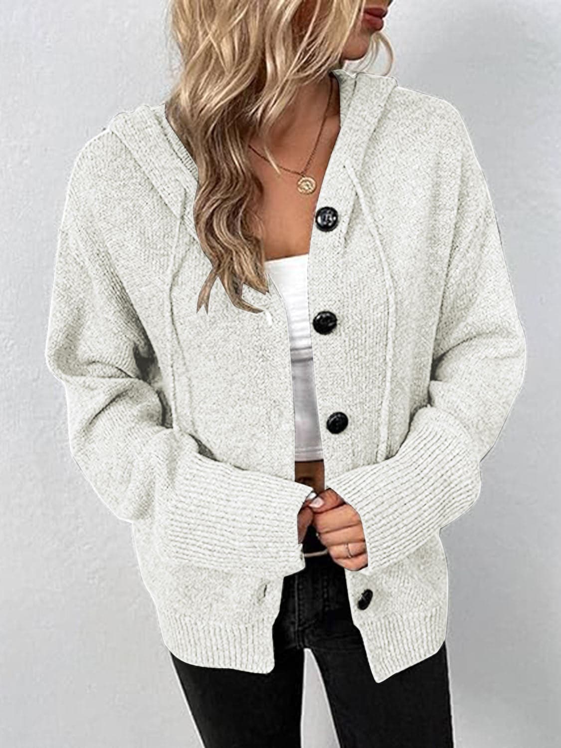 Button Up Drawstring Long Sleeve Hooded Cardigan.