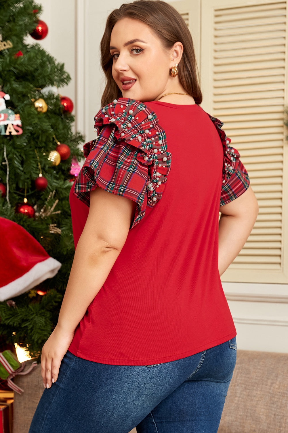 Racing Red Plaid Ruffled Plus Size Knit Christmas Shirt Dear-Lover Dropshipping