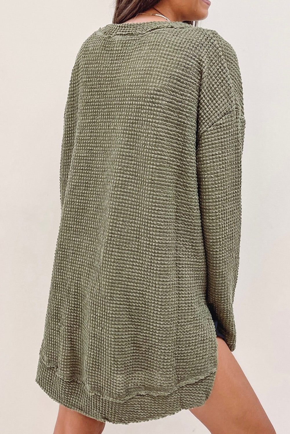 Chic moss green plus size textured knit top with long sleeves