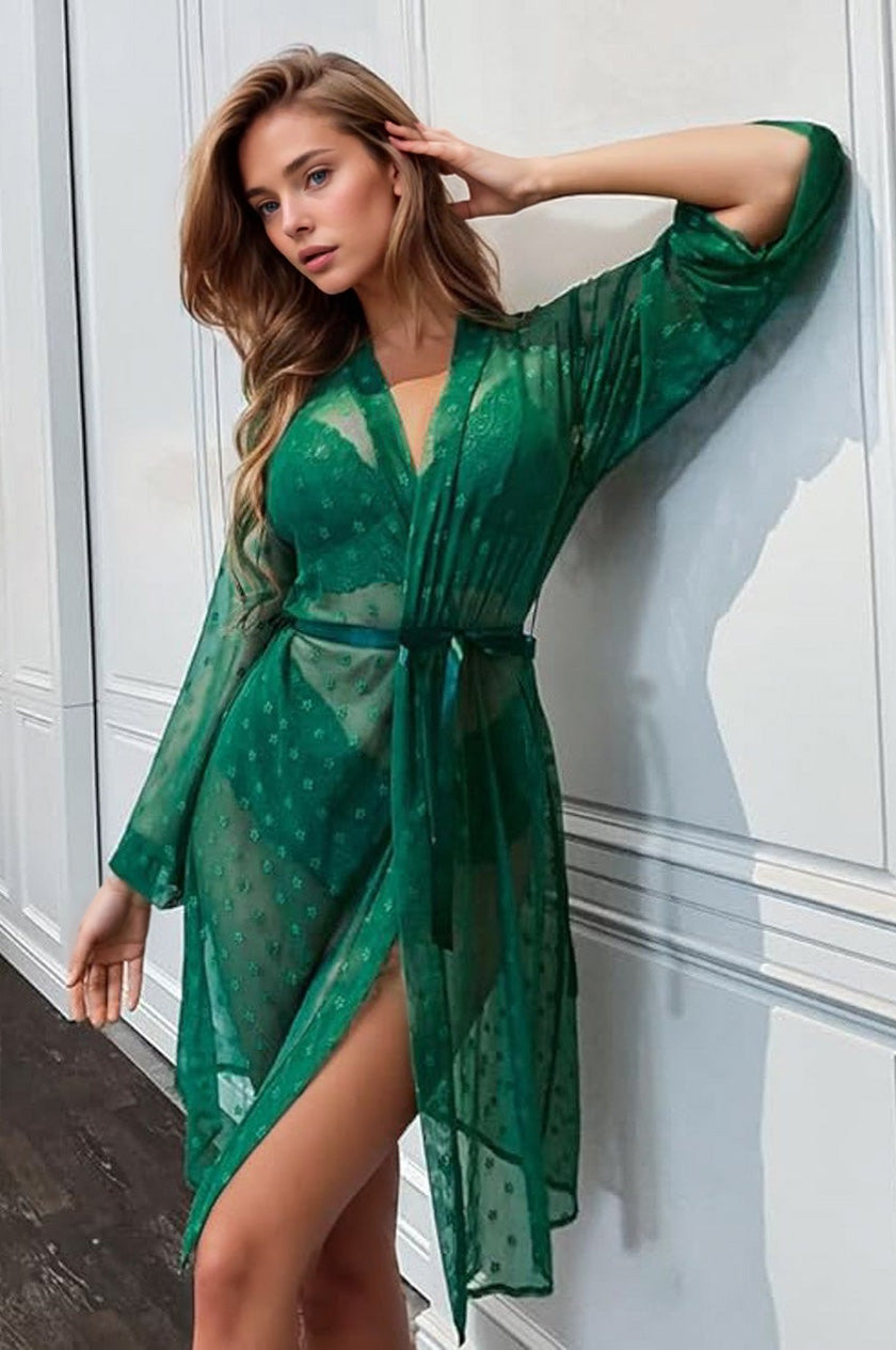 French Dot Mesh Bridal Robe and Bra Set 3wishes.com