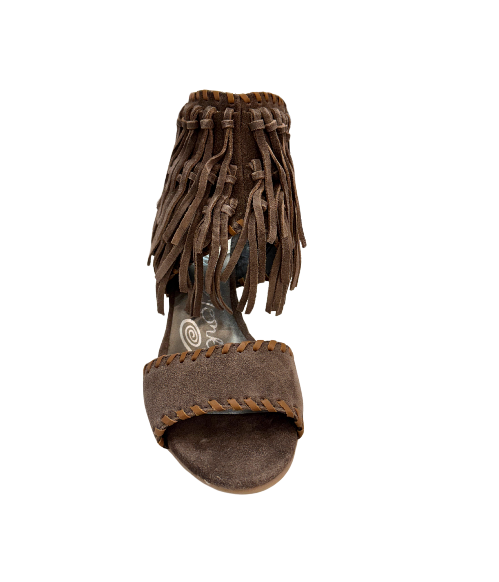 Taupe True Fringe Wedge Sandal With Leather Strap Detail Naughty Monkey
