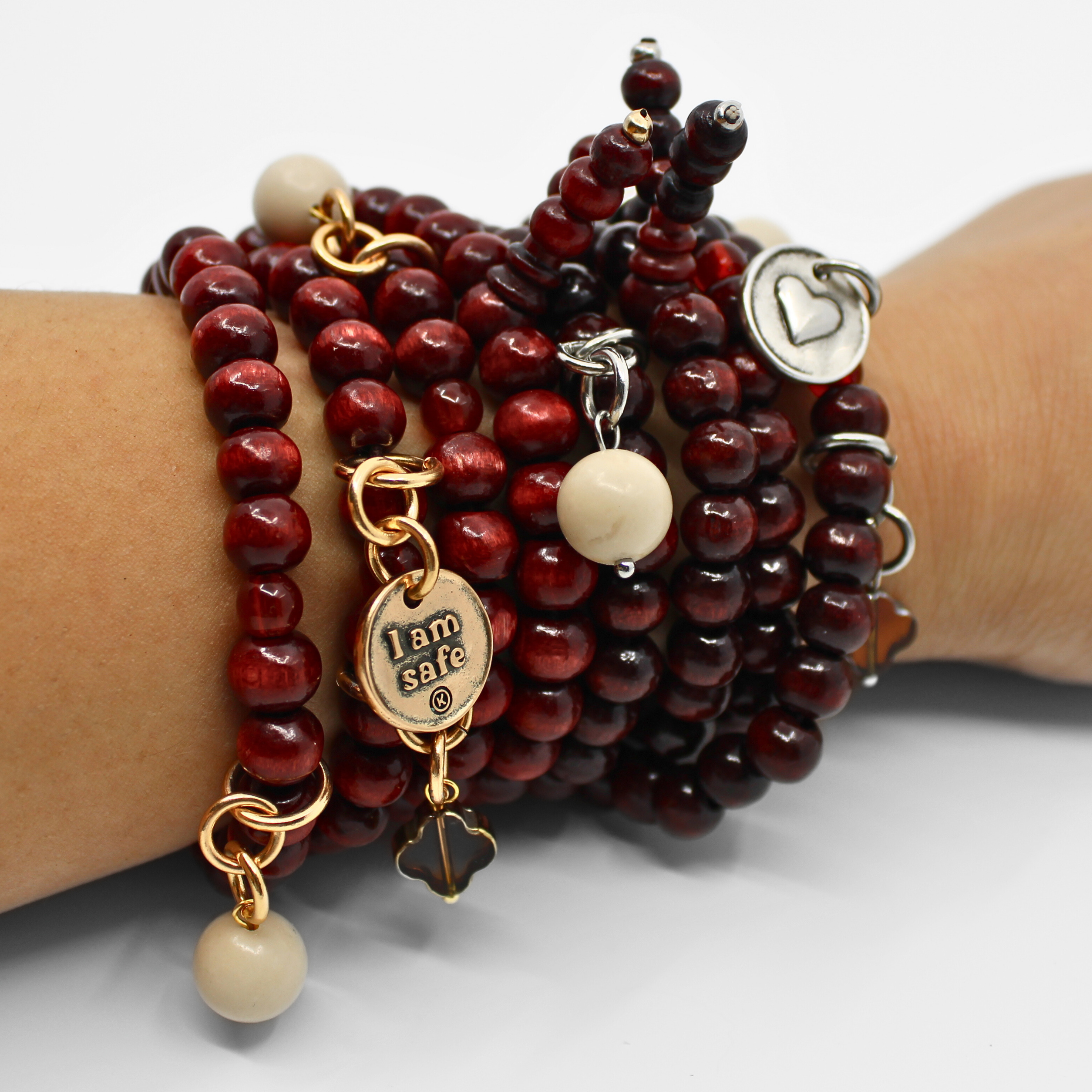 I Am Safe Heart Wood Boho Wrap Bracelet/Necklace Katia Designs
