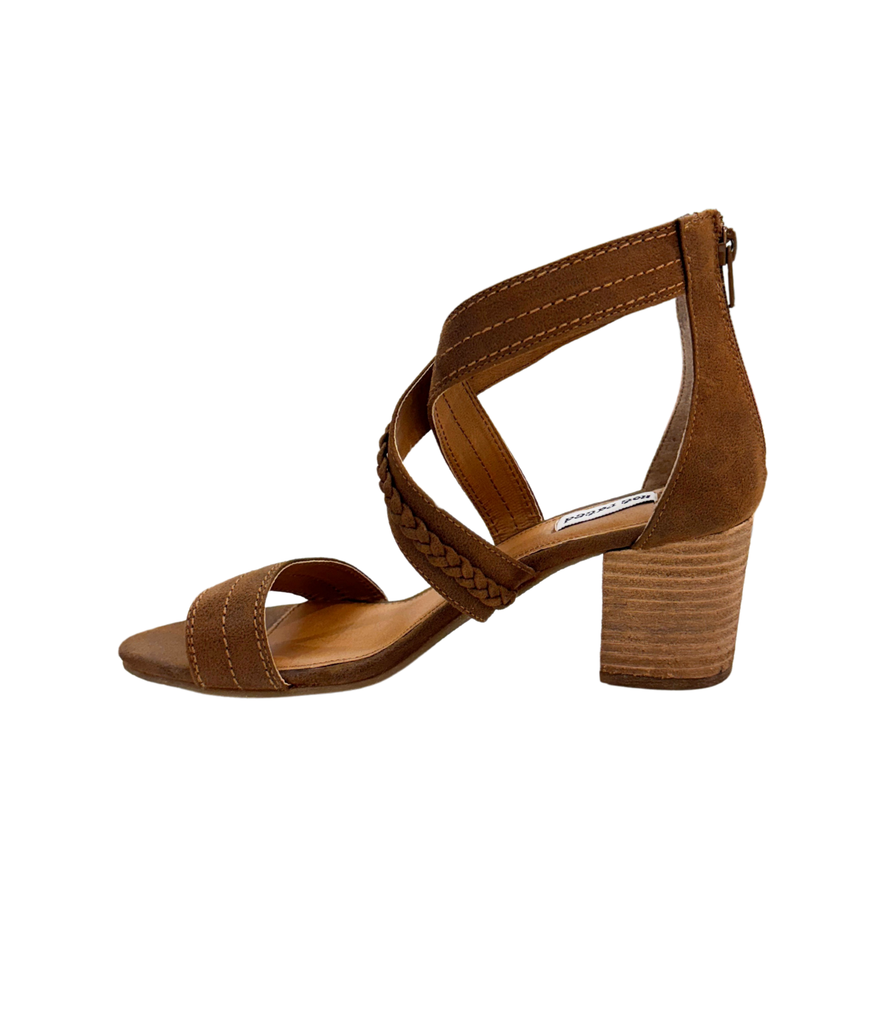 Qila Tan Block Heel Sandal With Braided Top Brass Hardware Naughty Monkey