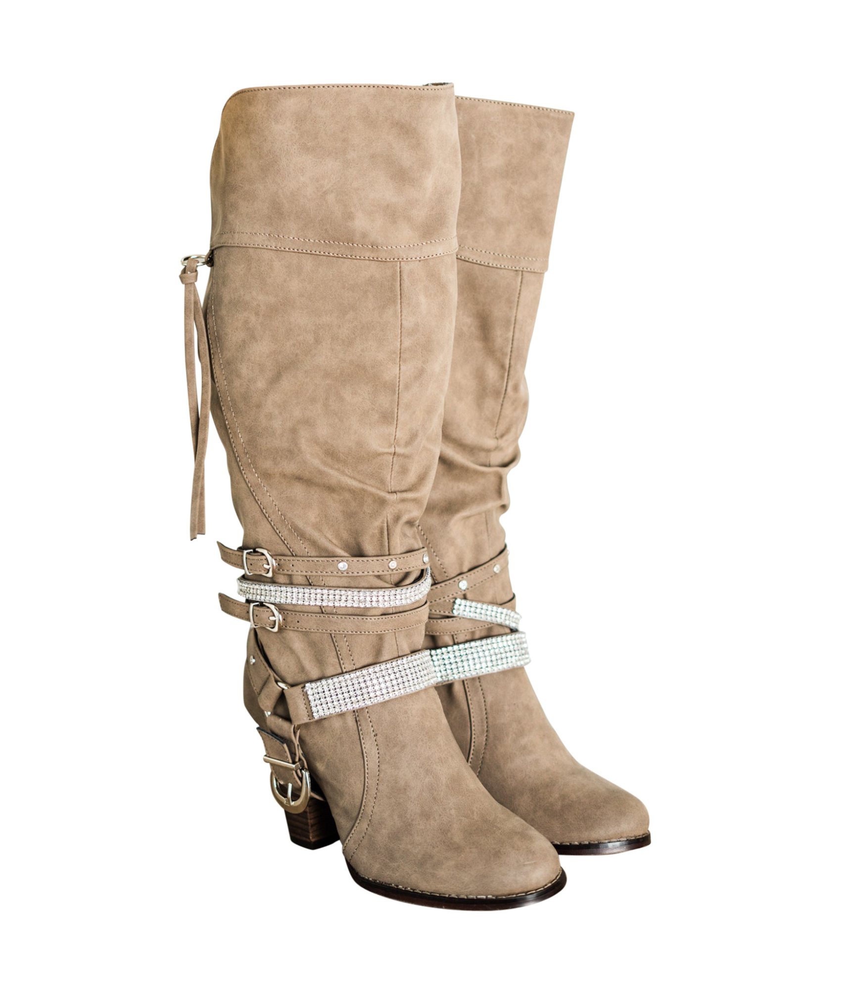 Stacey Boots Taupe Harness Rhinestone 13 Inch Shaft Heel Naughty Monkey