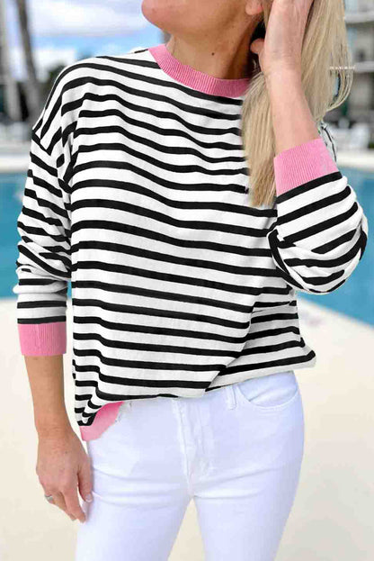 Chic black striped long sleeve top with contrast edges