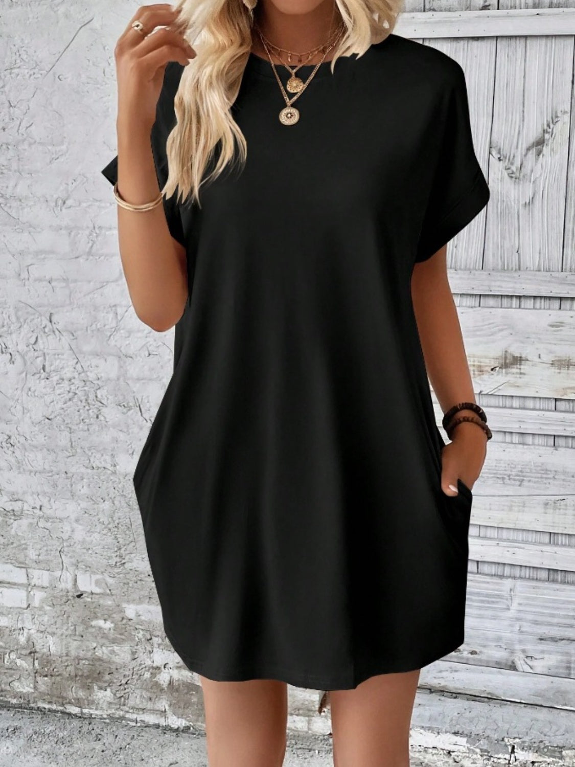 Pocketed Round Neck Short Sleeve Dress Coco’s Tee Boutique