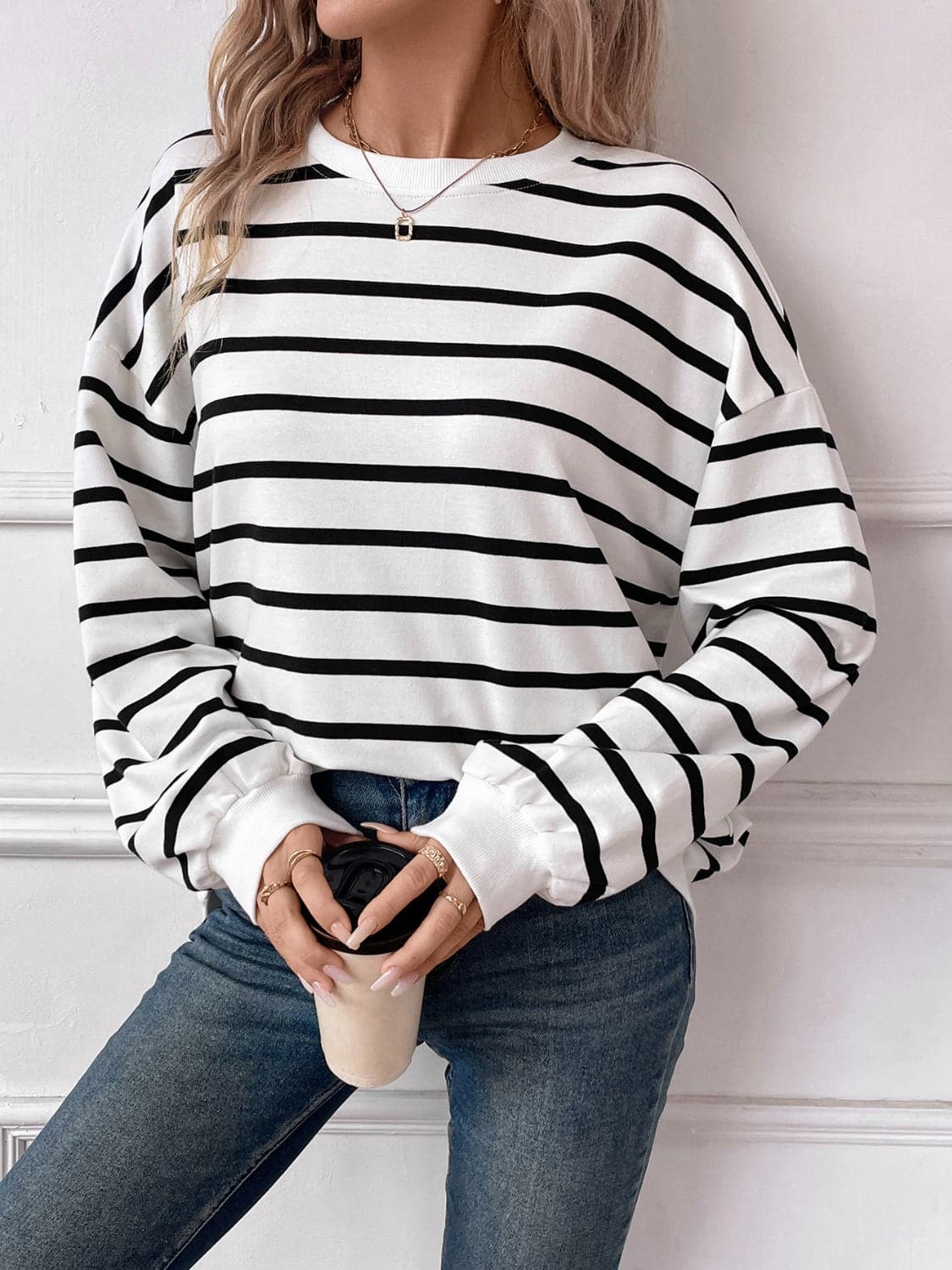 Striped Round Neck Long Sleeve Sweatshirt.