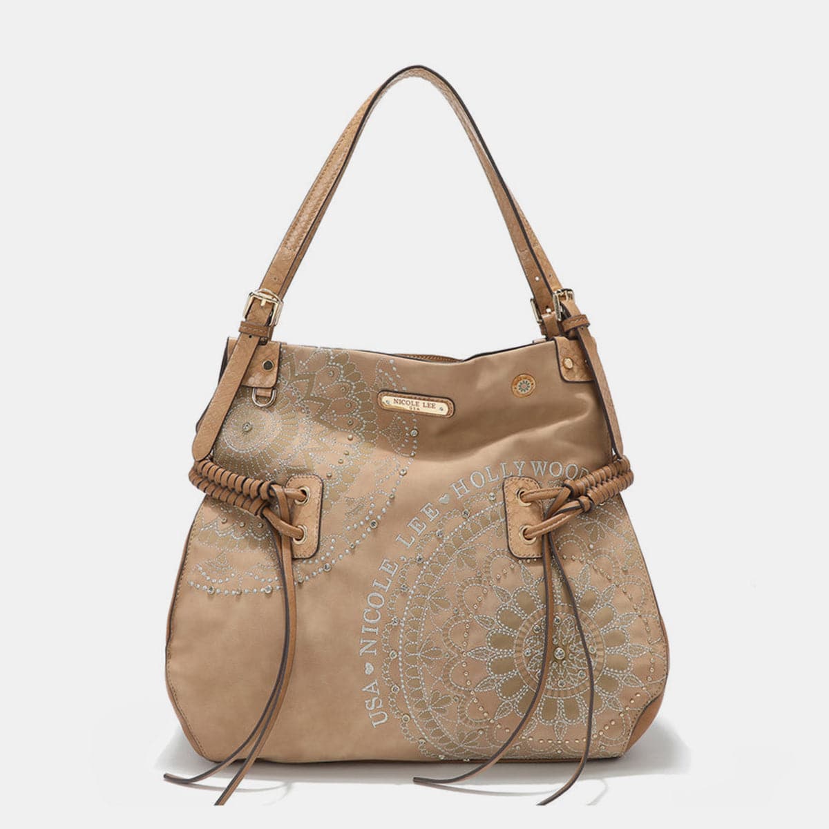 Nicole Lee USA Side Braided Tassel Inlaid Rhinestone Embroidery Hobo Bag.