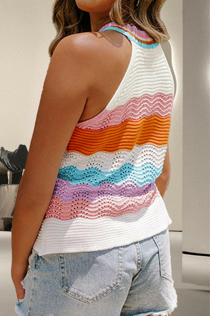 Color Block Round Neck Knit Vest.