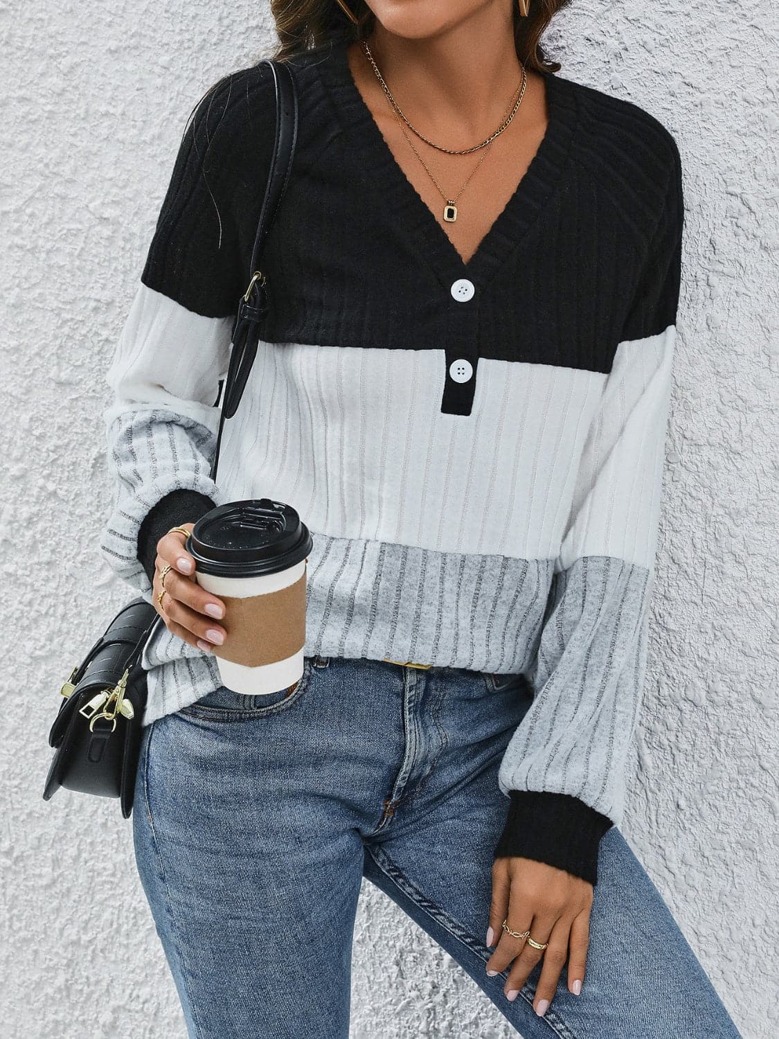 Ribbed v-neck long sleeve top