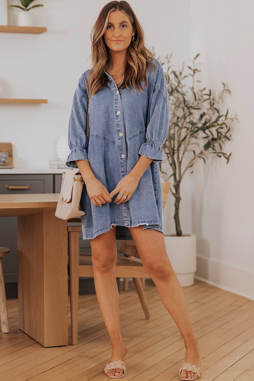 Collared Neck Flounce Sleeve Denim Mini Dress.