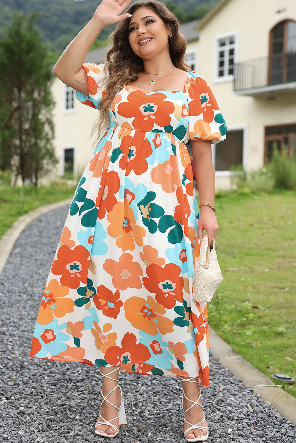 Charming orange floral print plus size maxi dress with shirred detailing