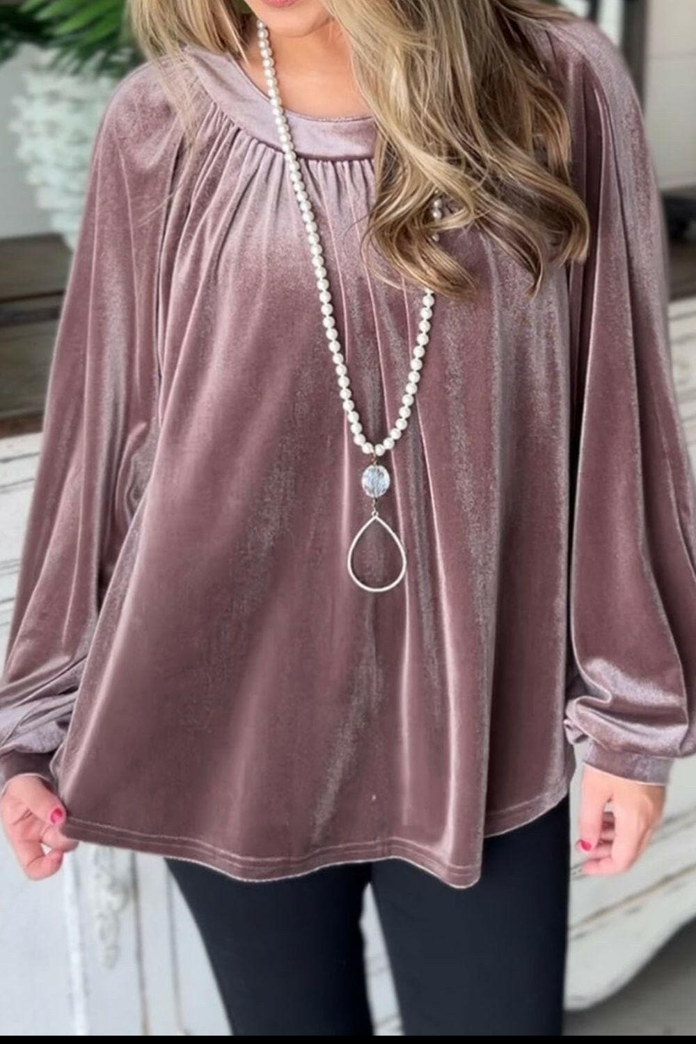 Ruched Round Neck Raglan Sleeve Blouse.