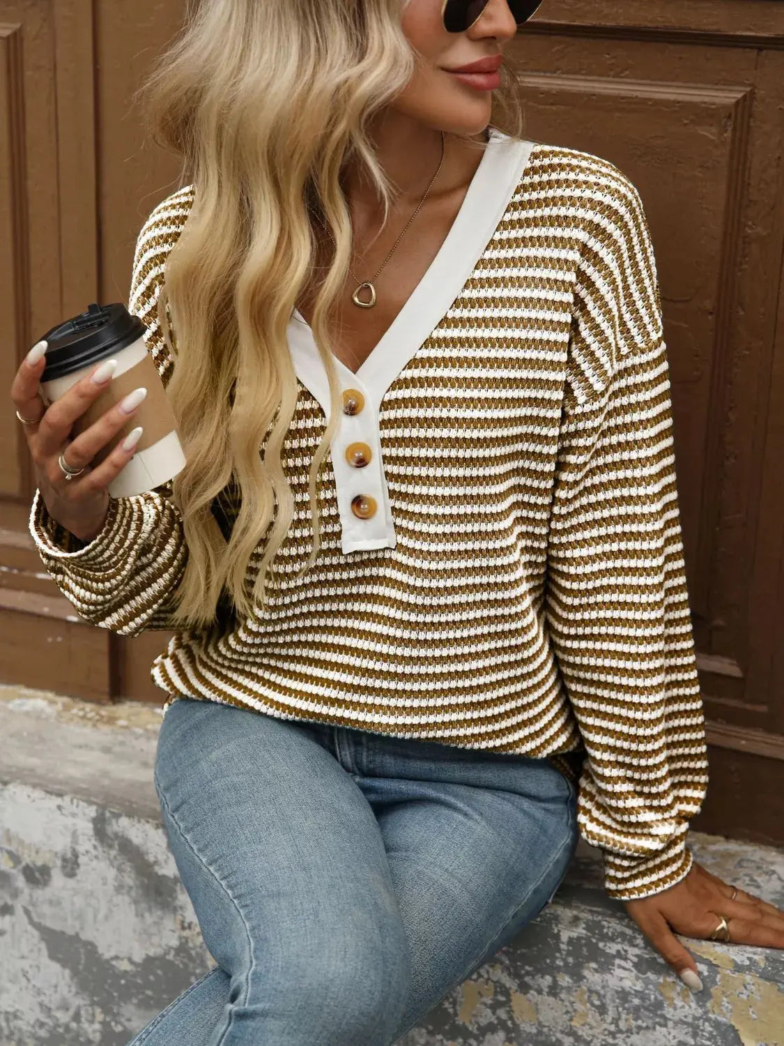Striped Button Detail Long Sleeve T-Shirt Simply Love