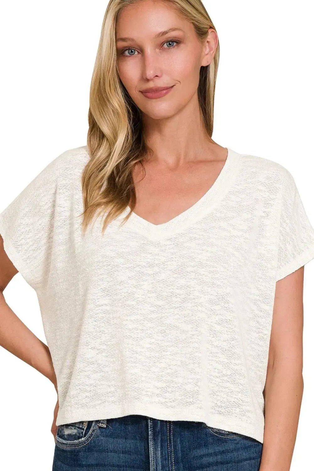 Zenana Hacci Slub V-neck Drop Shoulder Crop Top - Love Salve 