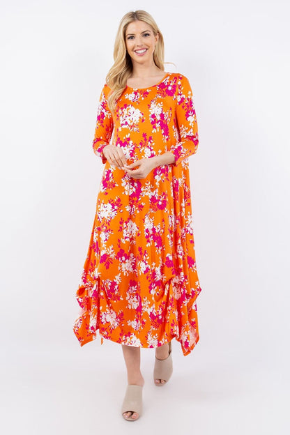 Celeste Full Size Pick-Up Hem Asymmetric Floral Midi Dress.