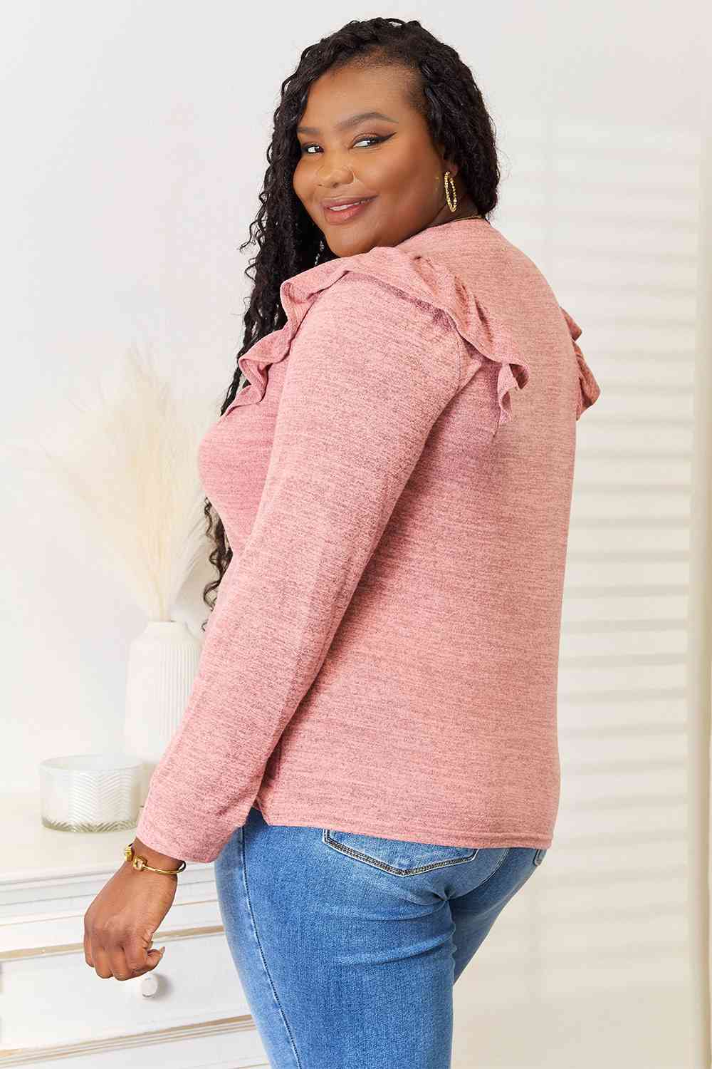 Double Take Ruffle Shoulder Long Sleeve T-Shirt - Love Salve