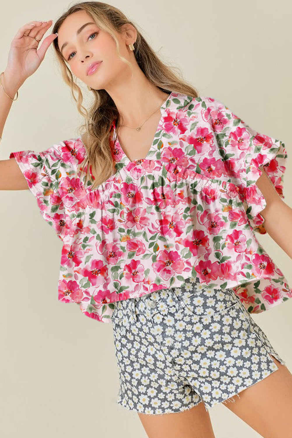 Pink Floral Boxy Fit Ruffled Short Sleeve V Neck Blouse