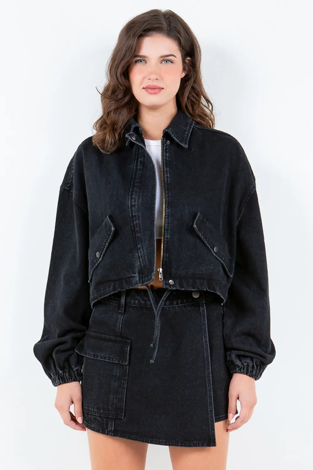 American Bazi Drawstring Waist Crop Denim Jacket with Zipper Front Closure and Elastic Banded Hem - Love Salve 