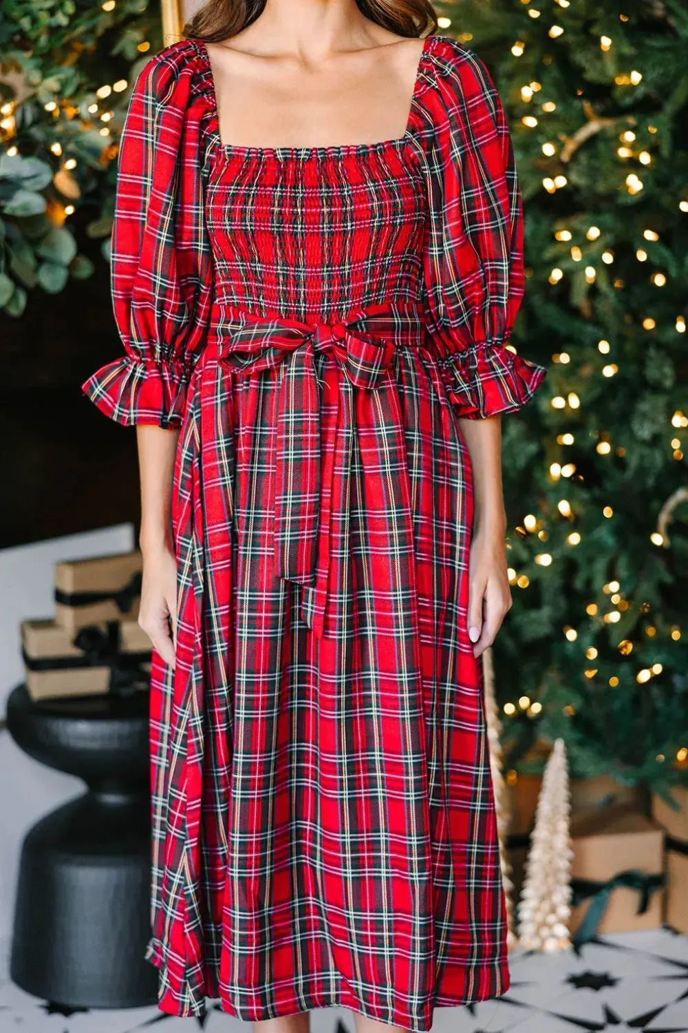Red Plaid Smocked Midi Dress With Belted Waist And Ruffled Flounce Sleeves Simply Love