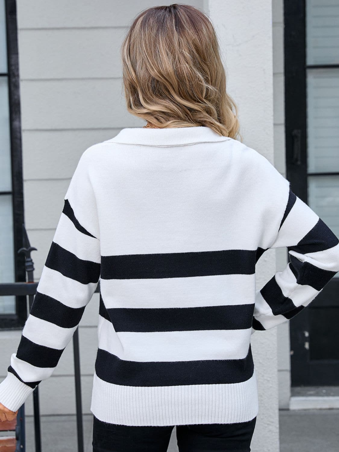 Striped Johnny Collar Knit Top.