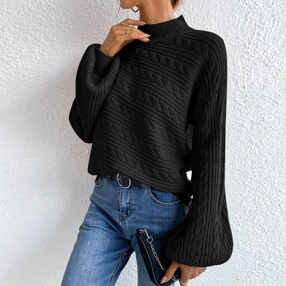 Cable-Knit Mock Neck  Long Sleeve Sweater.