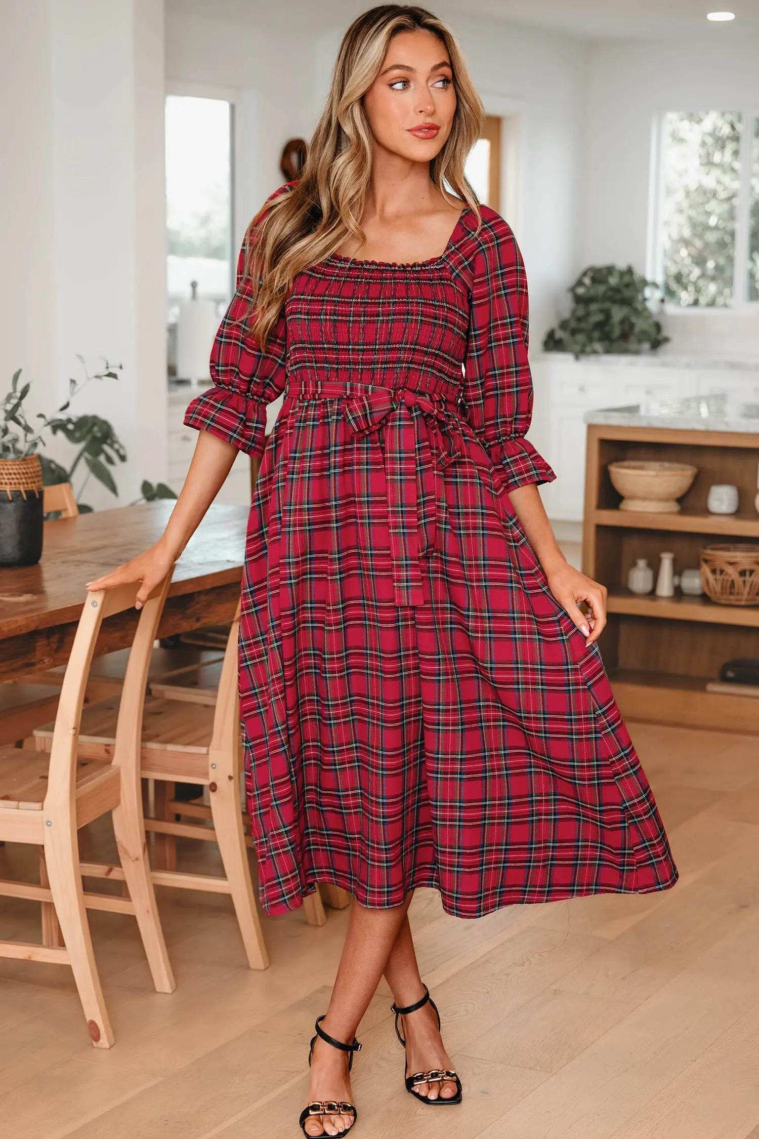 Red Tartan Plaid Square Neck Puff Sleeve Knot Waist Flared Midi Dress Dear-Lover Dropshipping