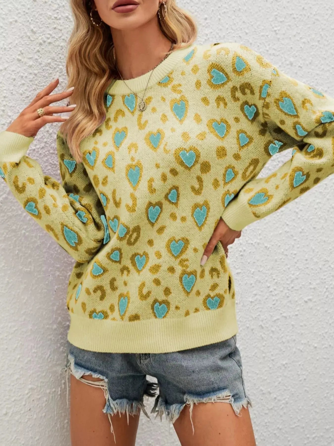 Heart Round Neck Long Sleeve Sweater Simply Love