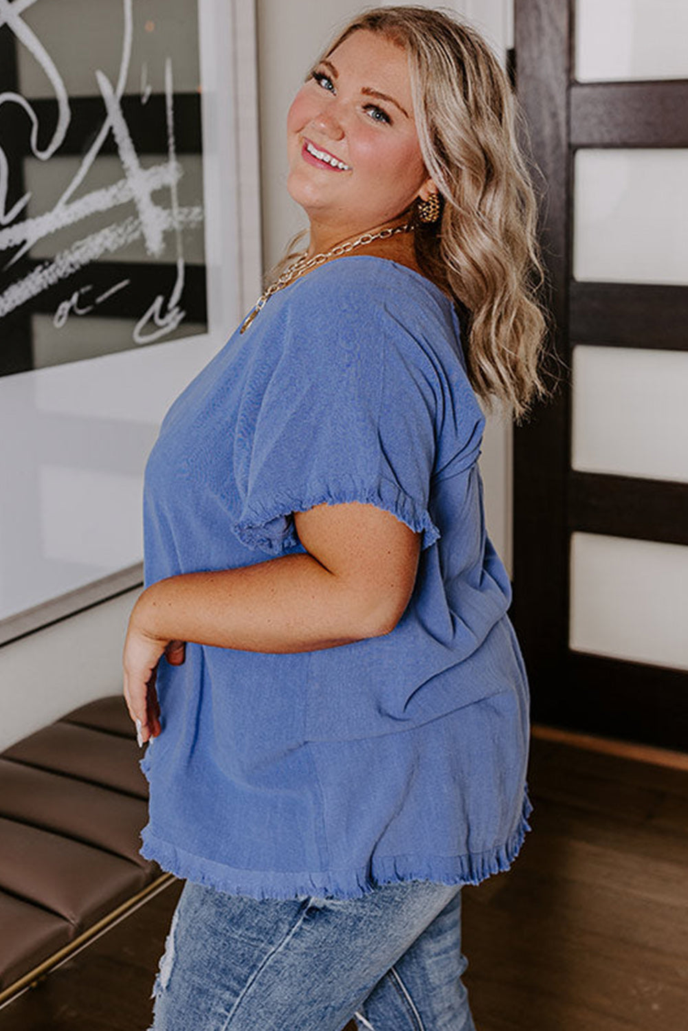 Chic Ashleigh blue plus size frayed edge short sleeve top