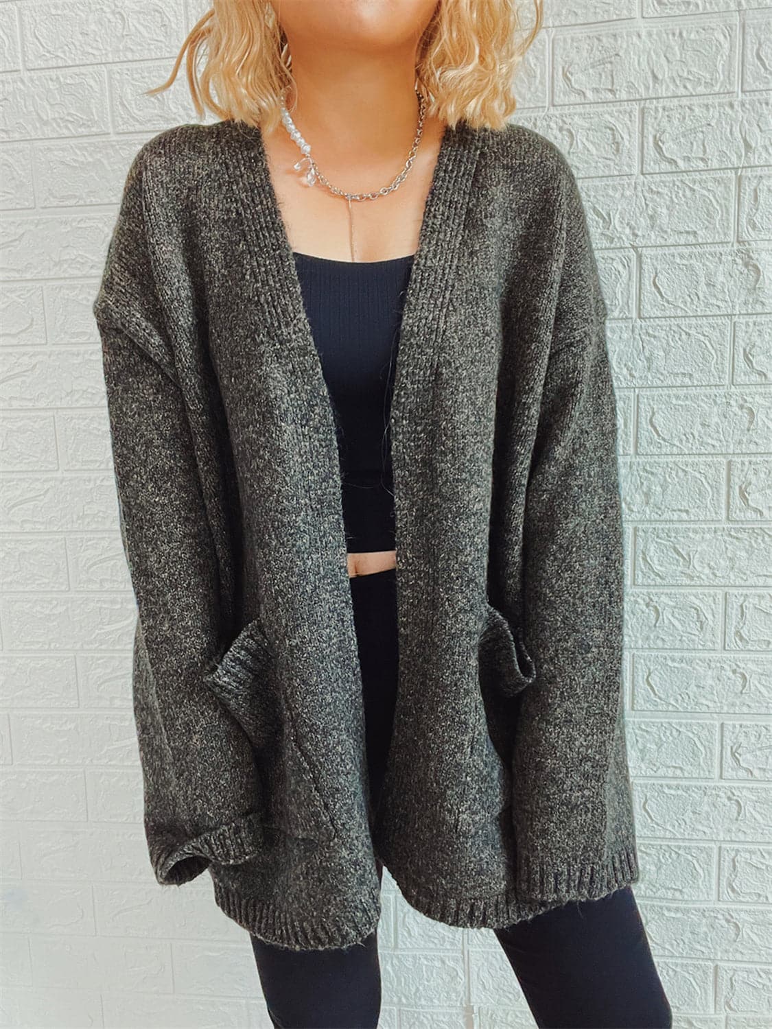 Open Front Long Sleeve Cardigan with Pockets.