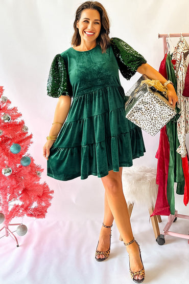 Evergreen Sequin Puff Sleeve High Waist Velvet Mini Dress