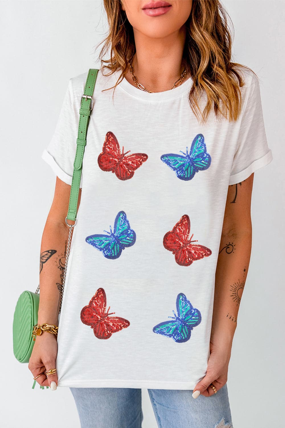 Sequin Butterfly Round Neck Short Sleeve T-Shirt.