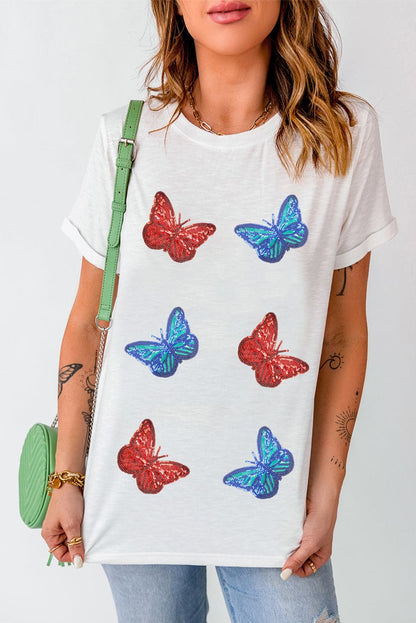 Sequin Butterfly Round Neck Short Sleeve T-Shirt.