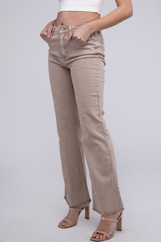 Trendy acid wash frayed hem wide-leg pants