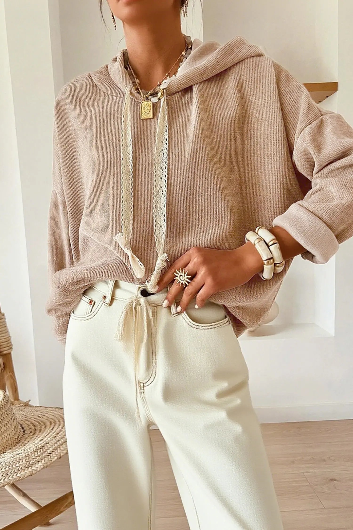 Casual Thermal Textured Lace Drawstring Baggy Hoodie Dear-Lover Dropshipping