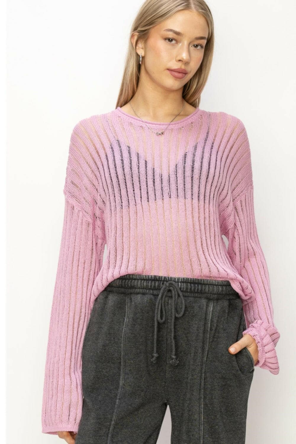 HYFVE Openwork Ribbed Long Sleeve Knit Top.