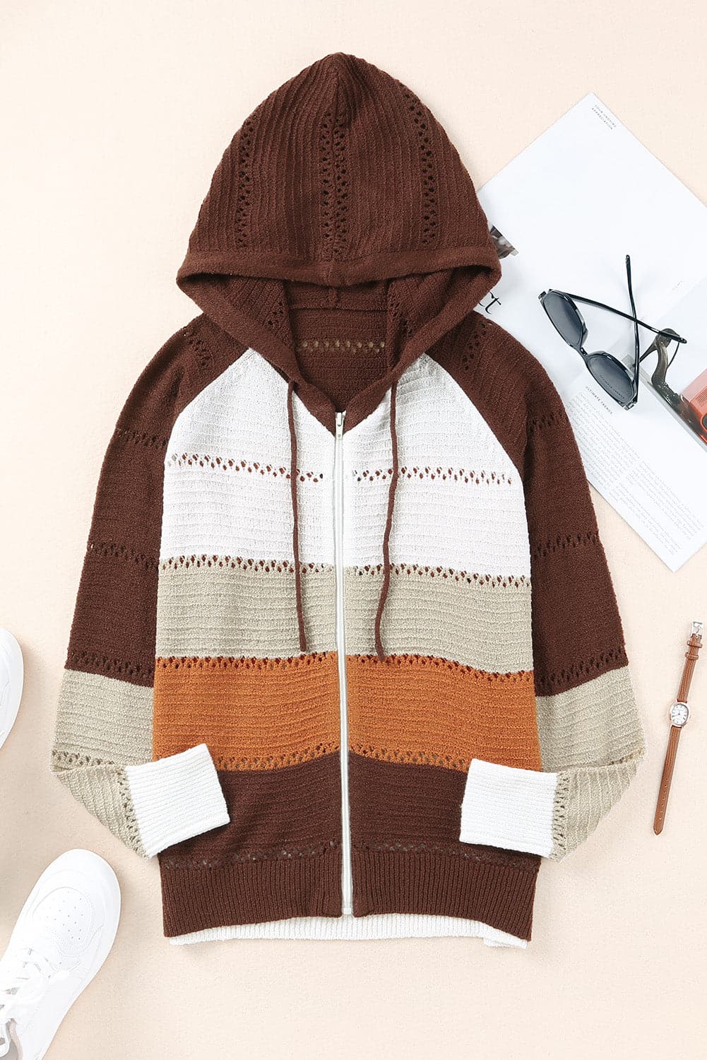 Zip-Up Raglan Sleeve Openwork Hooded Cardigan.