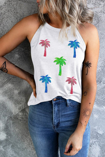 Sequin Coconut Tree Round Neck Tank.