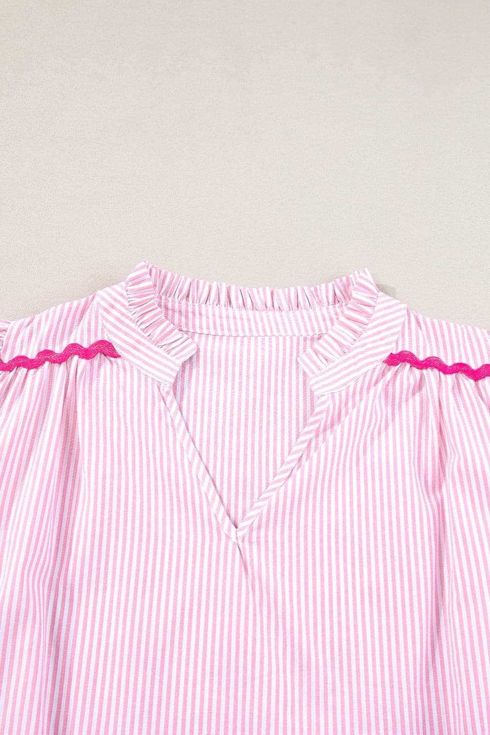 Striped Notched Short Sleeve Blouse.