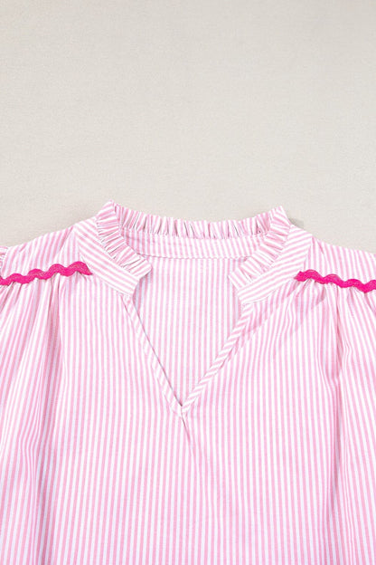 Striped Notched Short Sleeve Blouse.