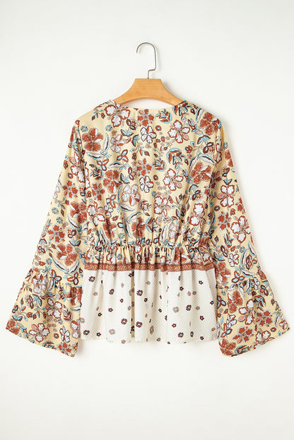 Yellow Printed Floral Bell Sleeve V Neck Wrapped Blouse