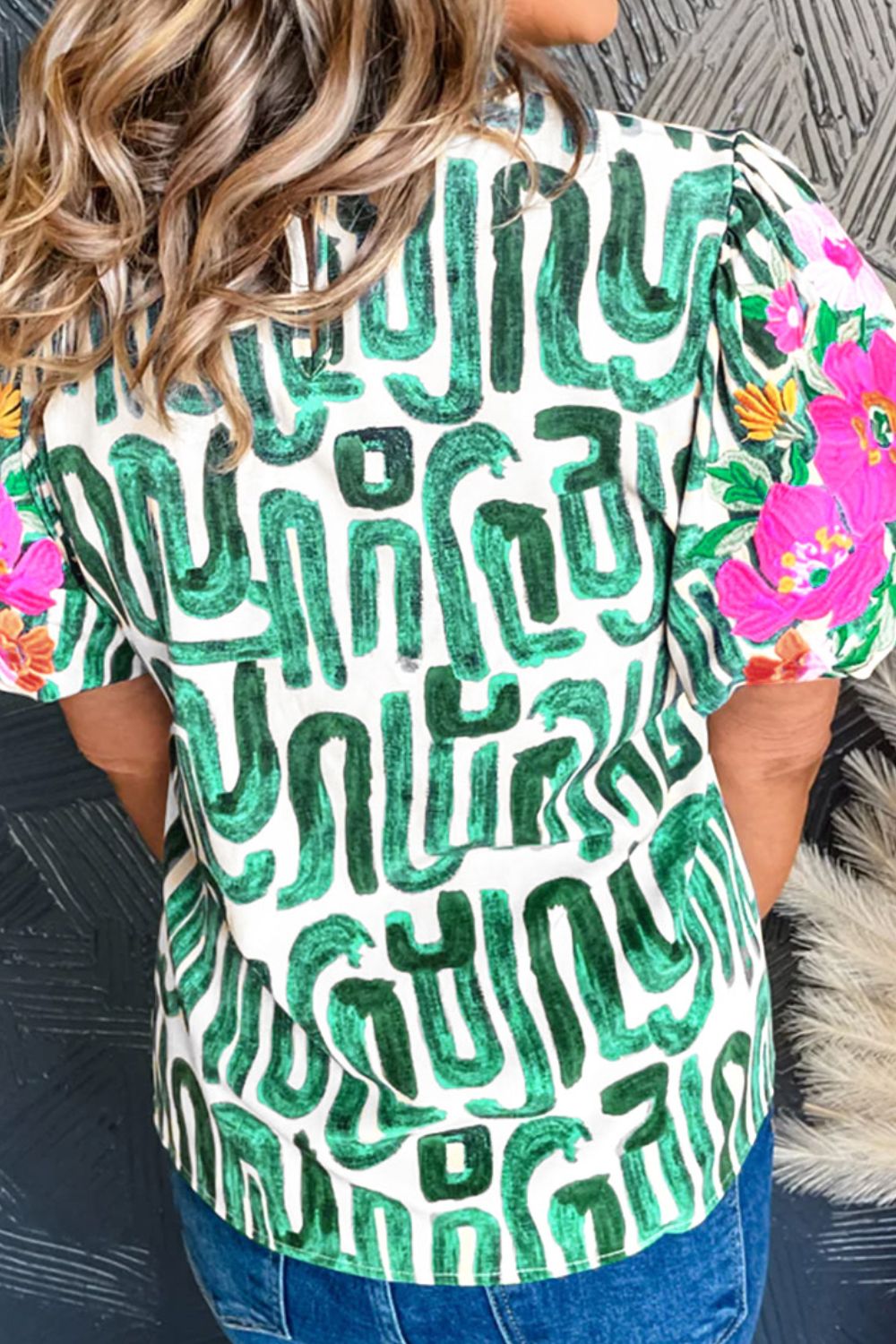 Embroidered Printed Mock Neck Short Sleeve Blouse Coco’s Tee Boutique