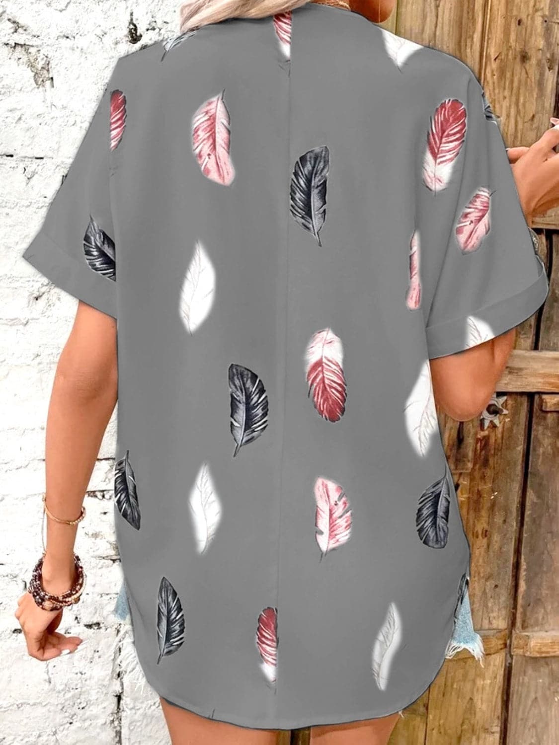 Full Size Printed Collared Neck Short Sleeve Blouse.