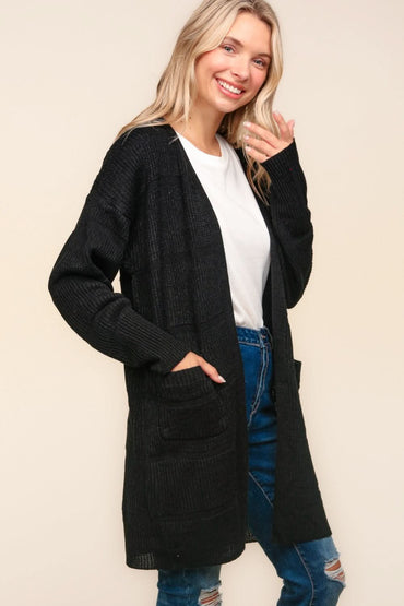 Haptics Stripe Textured Open Front Cardigan with Pockets