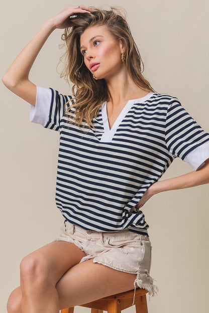 BiBi Contrast Striped Notched Knit Top.